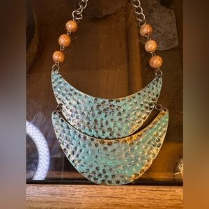 Turquoise painted metal and wood Statement Necklace
